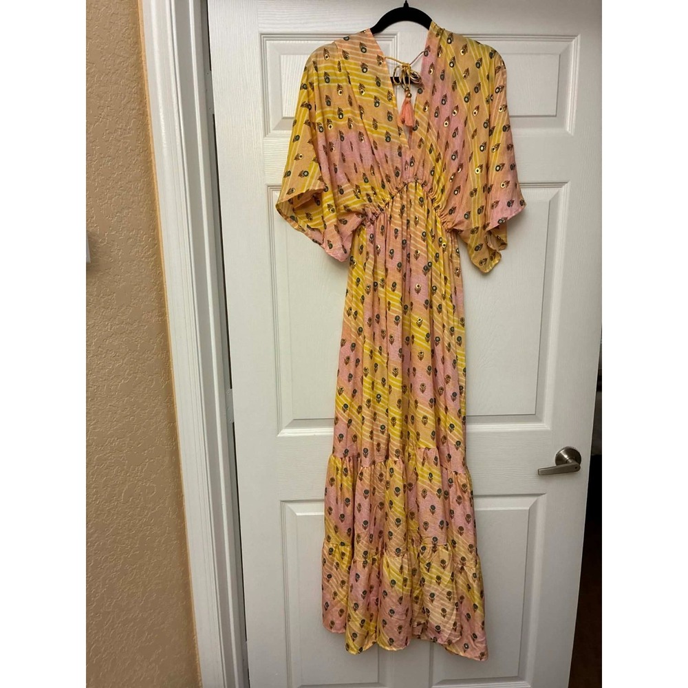 ZURY Silk Blend Maxi Dress Free Size Pink Yellow Metallic Boho Tassel NWT